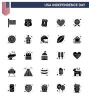 Editable Vector Solid Glyph Pack of USA Day 25 Simple Solid Glyph of star badge invitation love flag Editable USA Day Vector Design Elements
