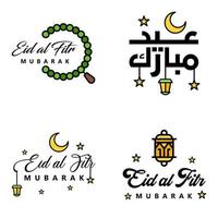 paquete de 4 vectores de texto de caligrafía árabe con luna y estrellas de eid mubarak para la celebración del festival de la comunidad musulmana