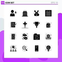 16 User Interface Solid Glyph Pack of modern Signs and Symbols of note book hobby bynny hobbies layout Editable Vector Design Elements