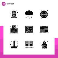 paquete de conjunto de iconos de glifo de 9 iconos sólidos aislados en fondo blanco para aplicaciones móviles y de impresión de diseño de sitios web receptivos vector