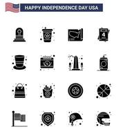 4th July USA Happy Independence Day Icon Symbols Group of 16 Modern Solid Glyphs of magic hat cap states american love Editable USA Day Vector Design Elements