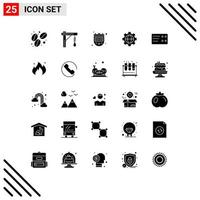 Pack of 25 Modern Solid Glyphs Signs and Symbols for Web Print Media such as fire ticket chronometer globe gear Editable Vector Design Elements