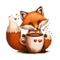 valentine fox with a mug of chocolate png