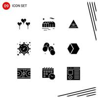 Pack of 9 creative Solid Glyphs of summer footwear pyramid flip flops time Editable Vector Design Elements