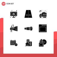 Set of 9 Commercial Solid Glyphs pack for camera cam life music device Editable Vector Design Elements