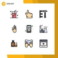 Pack of 9 Modern Filledline Flat Colors Signs and Symbols for Web Print Media such as christian mobile screw up gesture Editable Vector Design Elements