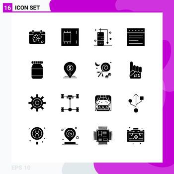 Pictogram Set of 16 Simple Solid Glyphs of dollar bottle products website tabs Editable Vector Design Elements