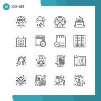 Vector Pack of 16 Outline Symbols Line Style Icon Set on White Background for Web and Mobile