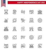 Modern Set of 25 Lines and symbols on USA Independence Day such as independence day holiday frankfurter drum flag Editable USA Day Vector Design Elements