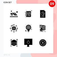 Pack of 9 Modern Solid Glyphs Signs and Symbols for Web Print Media such as bulb globe writing global file Editable Vector Design Elements