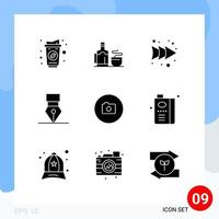 Pictogram Set of 9 Simple Solid Glyphs of basic camera arrow wreath award Editable Vector Design Elements