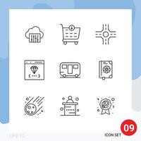 Mobile Interface Outline Set of 9 Pictograms of book travel app trailer development Editable Vector Design Elements