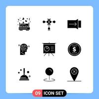 User Interface Pack of 9 Basic Solid Glyphs of presentation analytics gesture head thinking Editable Vector Design Elements