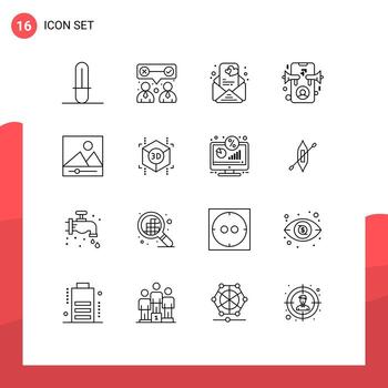 Pack of 16 Modern Outlines Signs and Symbols for Web Print Media such as cube media message gallery marketing Editable Vector Design Elements