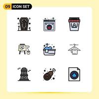 9 Universal Filledline Flat Color Signs Symbols of hot bath education cinema board mouse Editable Vector Design Elements