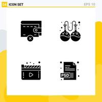 Pictogram Set of 4 Simple Solid Glyphs of delete play flask media extension Editable Vector Design Elements