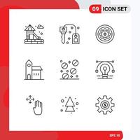 Pictogram Set of 9 Simple Outlines of pills monastery mechanical historic christian Editable Vector Design Elements