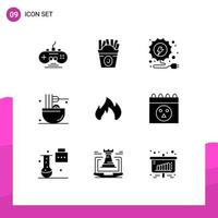 Editable Vector Line Pack of 9 Simple Solid Glyphs of heating snack electricity meal drinks Editable Vector Design Elements