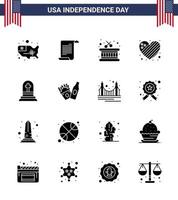 USA Independence Day Solid Glyph Set of 16 USA Pictograms of gravestone death drum love flag Editable USA Day Vector Design Elements