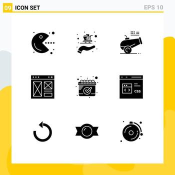 conjunto moderno de 9 pictogramas de glifos sólidos de elementos de diseño vectorial editables de interfaz de página de cañón web de fecha vector