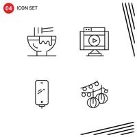 Set of 4 Modern UI Icons Symbols Signs for bowl video food movie smart phone Editable Vector Design Elements