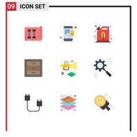 Pack of 9 creative Flat Colors of carnival instrument electric interior cabinets Editable Vector Design Elements