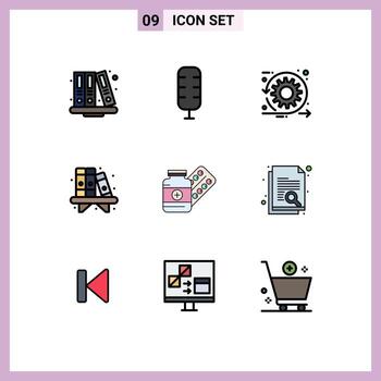 Editable Vector Line Pack of 9 Simple Filledline Flat Colors of pill shelf development book home Editable Vector Design Elements