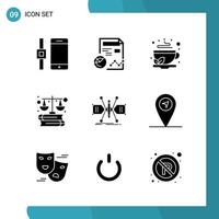 Vector Pack of 9 Glyph Symbols Solid Style Icon Set on White Background for Web and Mobile