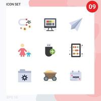 paquete de 9 signos y símbolos de colores planos modernos para medios de impresión web, como el niño web de la familia de mamá, recibe elementos de diseño de vectores editables
