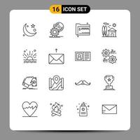 Pack of 16 Modern Outlines Signs and Symbols for Web Print Media such as property estate software zip files Editable Vector Design Elements