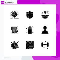 Pack of 9 Modern Solid Glyphs Signs and Symbols for Web Print Media such as bottle alcohol birthday online order order Editable Vector Design Elements