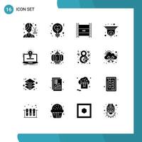 Modern Set of 16 Solid Glyphs Pictograph of cctv definition video love high hd in filmmaking Editable Vector Design Elements