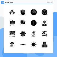 Group of 16 Modern Solid Glyphs Set for balloons shopping cart ear remove tape Editable Vector Design Elements