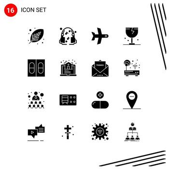 paquete de 16 glifos sólidos creativos de medicina plano logístico frágil precaución elementos de diseño vectorial editables vector