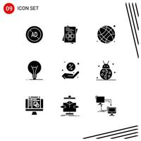 Mobile Interface Solid Glyph Set of 9 Pictograms of shopping discount education lightbulb innovation Editable Vector Design Elements