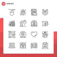 Pack of 16 Universal Outline Icons for Print Media on White Background vector