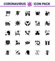 coronavirus 25 conjunto de iconos de glifo sólido sobre el tema de la epidemia de corona contiene iconos como agua de laboratorio lavado de pulmones cuidado de la salud coronavirus viral 2019nov elementos de diseño de vectores de enfermedades