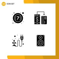 4 Universal Solid Glyphs Set for Web and Mobile Applications faq electricity cashless payment herb Editable Vector Design Elements