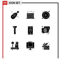 Set of 9 Modern UI Icons Symbols Signs for mobile application application marketing spike player Editable Vector Design Elements