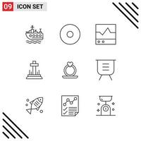 conjunto de 9 iconos de interfaz de usuario modernos signos de símbolos para productos de corazón de tablero anillo cruzado elementos de diseño vectorial editables vector