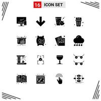 Group of 16 Modern Solid Glyphs Set for assets garbage drink delete basket Editable Vector Design Elements