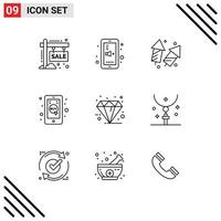 Mobile Interface Outline Set of 9 Pictograms of mobile click mobile mute new year diwali Editable Vector Design Elements