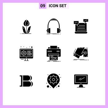 Modern Set of 9 Solid Glyphs and symbols such as gear coding monitor valentine robot Editable Vector Design Elements