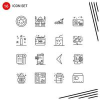 16 User Interface Outline Pack of modern Signs and Symbols of coding gramophone moon audio building Editable Vector Design Elements