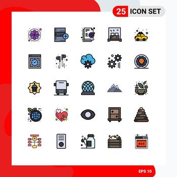 User Interface Pack of 25 Basic Filled line Flat Colors of taxi sleep database room bed Editable Vector Design Elements