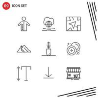 Group of 9 Modern Outlines Set for accessories nature cloud hill mountain Editable Vector Design Elements