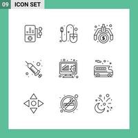 Universal Icon Symbols Group of 9 Modern Outlines of data management analysis making spa injection Editable Vector Design Elements