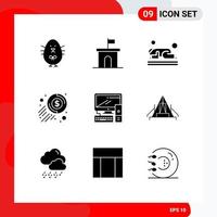 Mobile Interface Solid Glyph Set of 9 Pictograms of coin dollar property cash prayer Editable Vector Design Elements