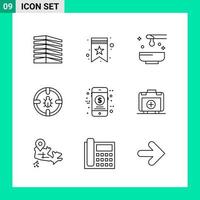 paquete de 9 iconos de estilo de línea establece símbolos de esquema para imprimir signos creativos aislados en fondo blanco 9 conjunto de iconos vector