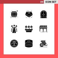Set of 9 Vector Solid Glyphs on Grid for flower valentine celebration heart love Editable Vector Design Elements